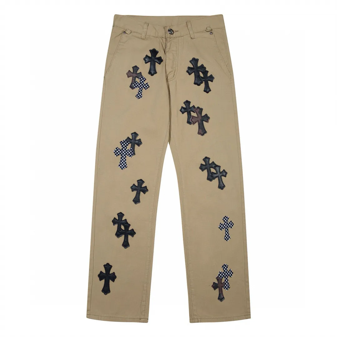P270 💰 (Top version) Chrome Hearts CH khaki camouflage checkerboard horse hair cross patch leather jeans. Original purchased and patterned to truly restore the ultimate texture of Vintage. Italian special cowhide print and then cut. Customized sheepskin three-layer thick line leather. The whole body is spliced in heavy water washing process. Craftsmen hand-splash ink. You can see the details. Three-dimensional cutting version. Loose and comfortable. Not picky on the figure. Look tall and slim. Factory precision work. Original quality control. Same style for men and women. Can be matched with couples. Versatile recommendation. Must-have jeans for all seasons. Color: Khaki Size: 28-30-32-34 (corresponds to S-M-L-XL)